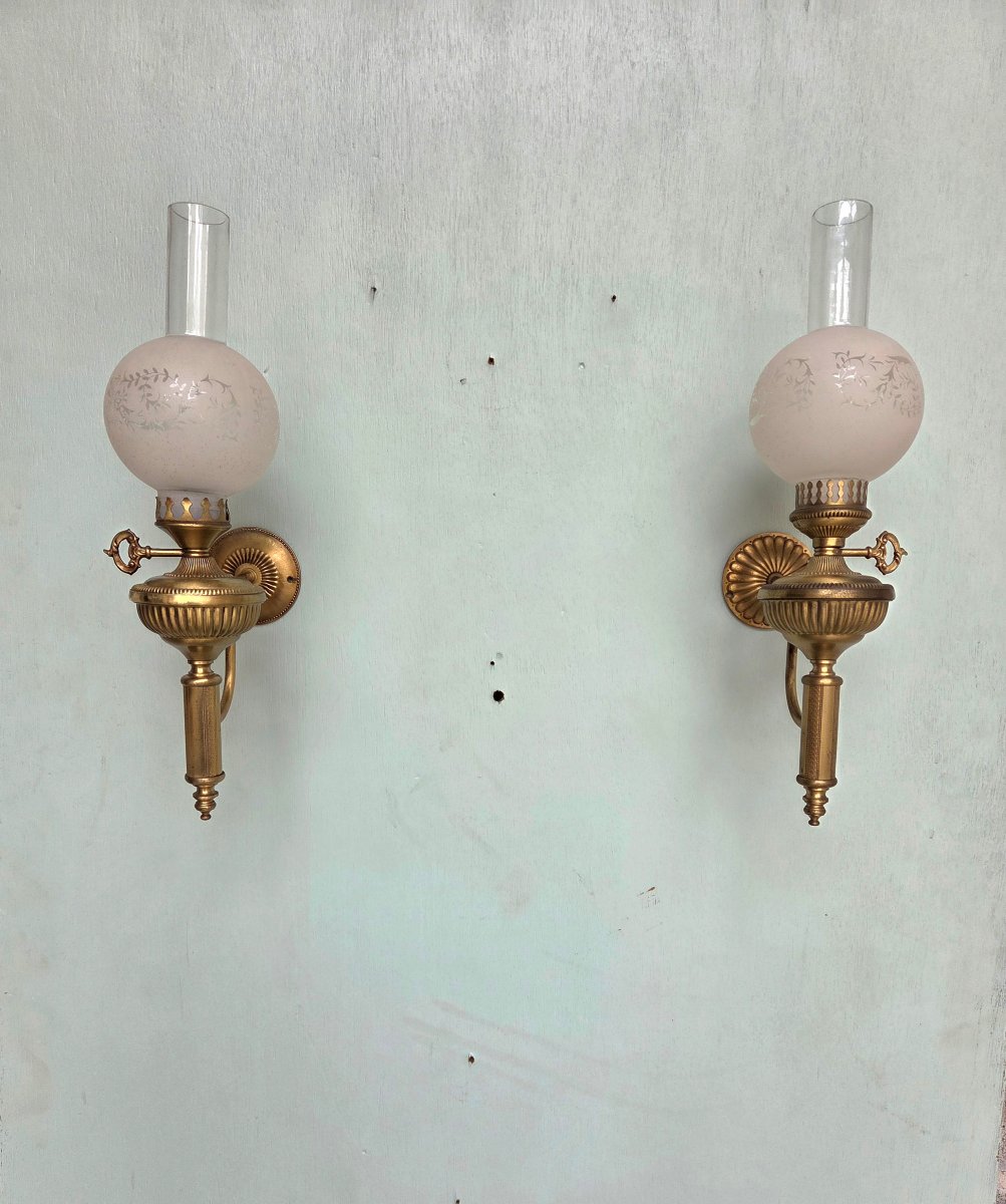 Pair Of Bronze And Gilded Brass Kerosene Wall Sconces. Empire/restoration Period, 19th Century-photo-2