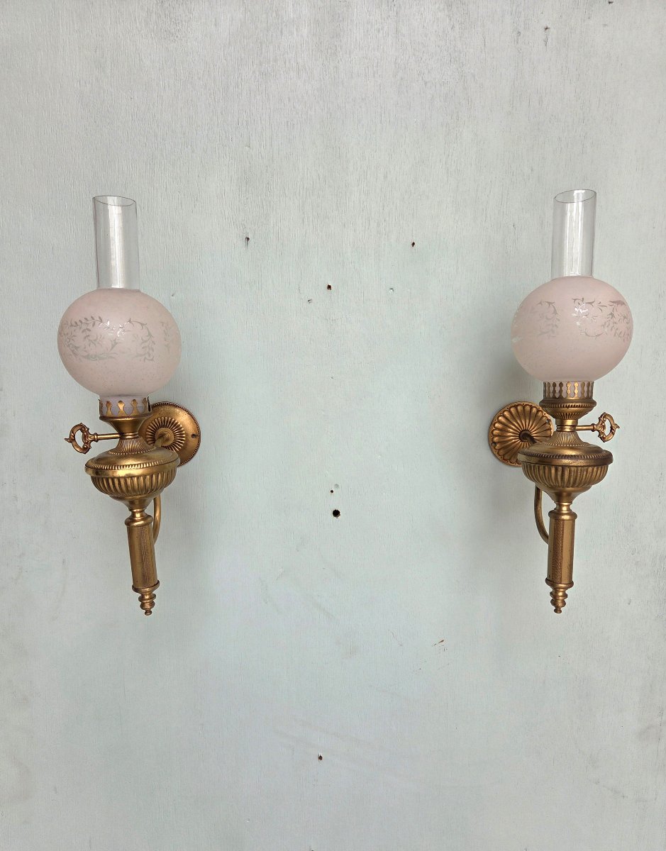 Pair Of Bronze And Gilded Brass Kerosene Wall Sconces. Empire/restoration Period, 19th Century-photo-6