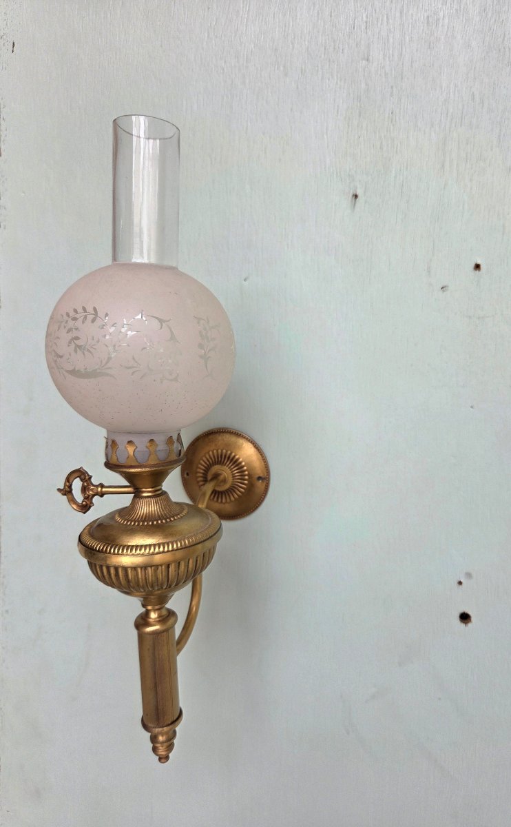 Pair Of Bronze And Gilded Brass Kerosene Wall Sconces. Empire/restoration Period, 19th Century-photo-7