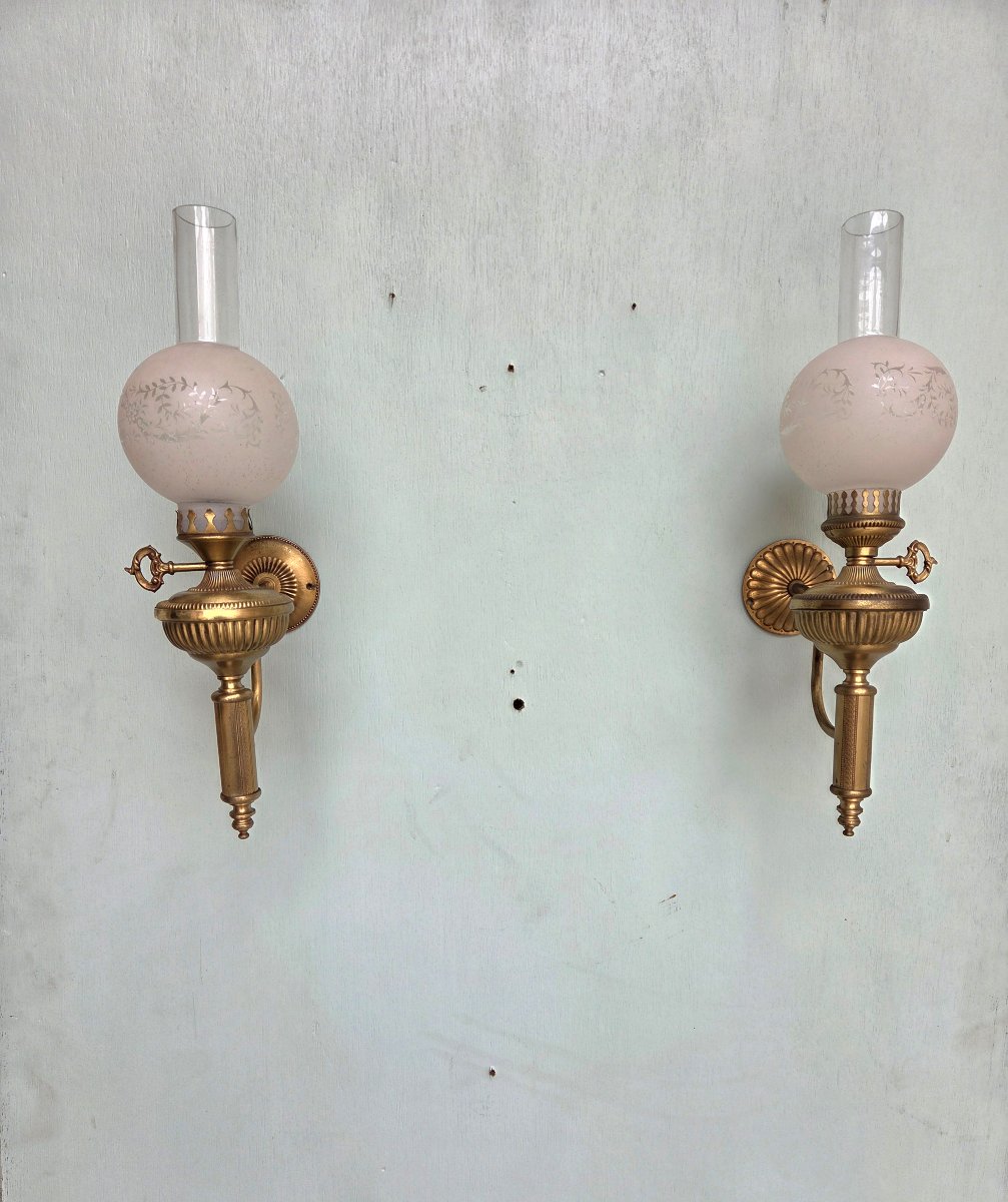 Pair Of Bronze And Gilded Brass Kerosene Wall Sconces. Empire/restoration Period, 19th Century