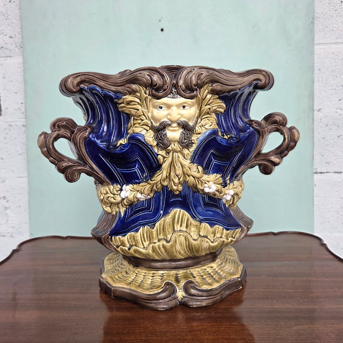 Polychrome Earthenware Planter With A Mascaron. 19th-century