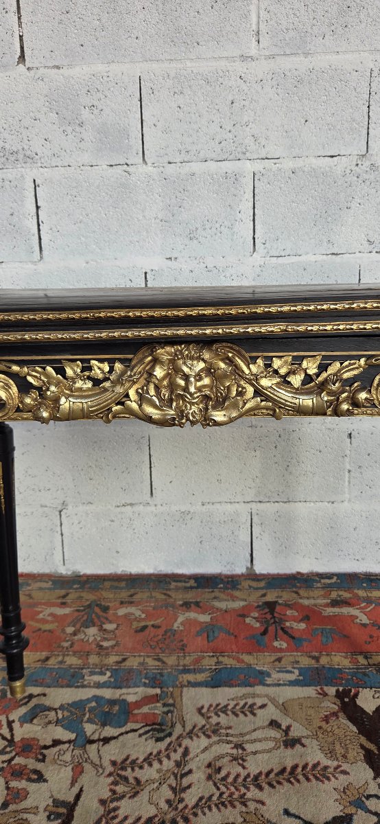 Table à jeux Napoléon III en bois noirci, incrustations de laiton et bronzes dorés, XIXème -photo-3