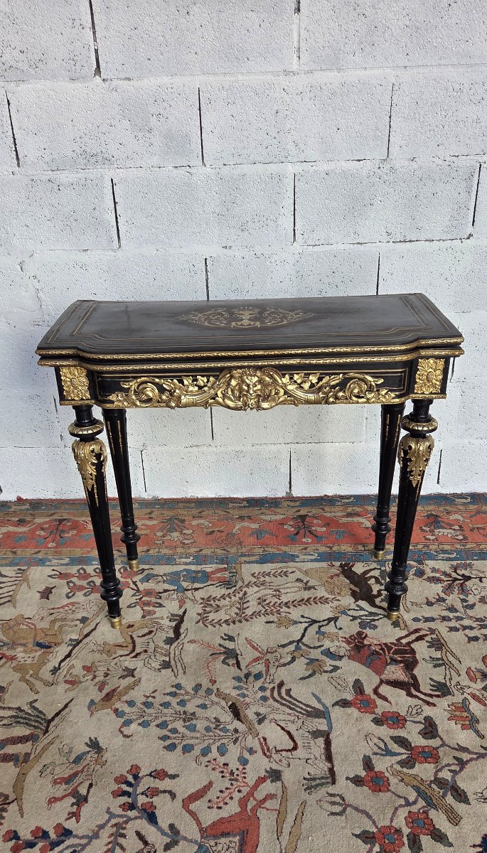 Table à jeux Napoléon III en bois noirci, incrustations de laiton et bronzes dorés, XIXème -photo-5