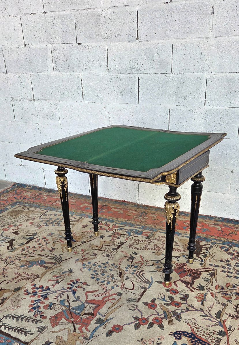 Table à jeux Napoléon III en bois noirci, incrustations de laiton et bronzes dorés, XIXème -photo-6