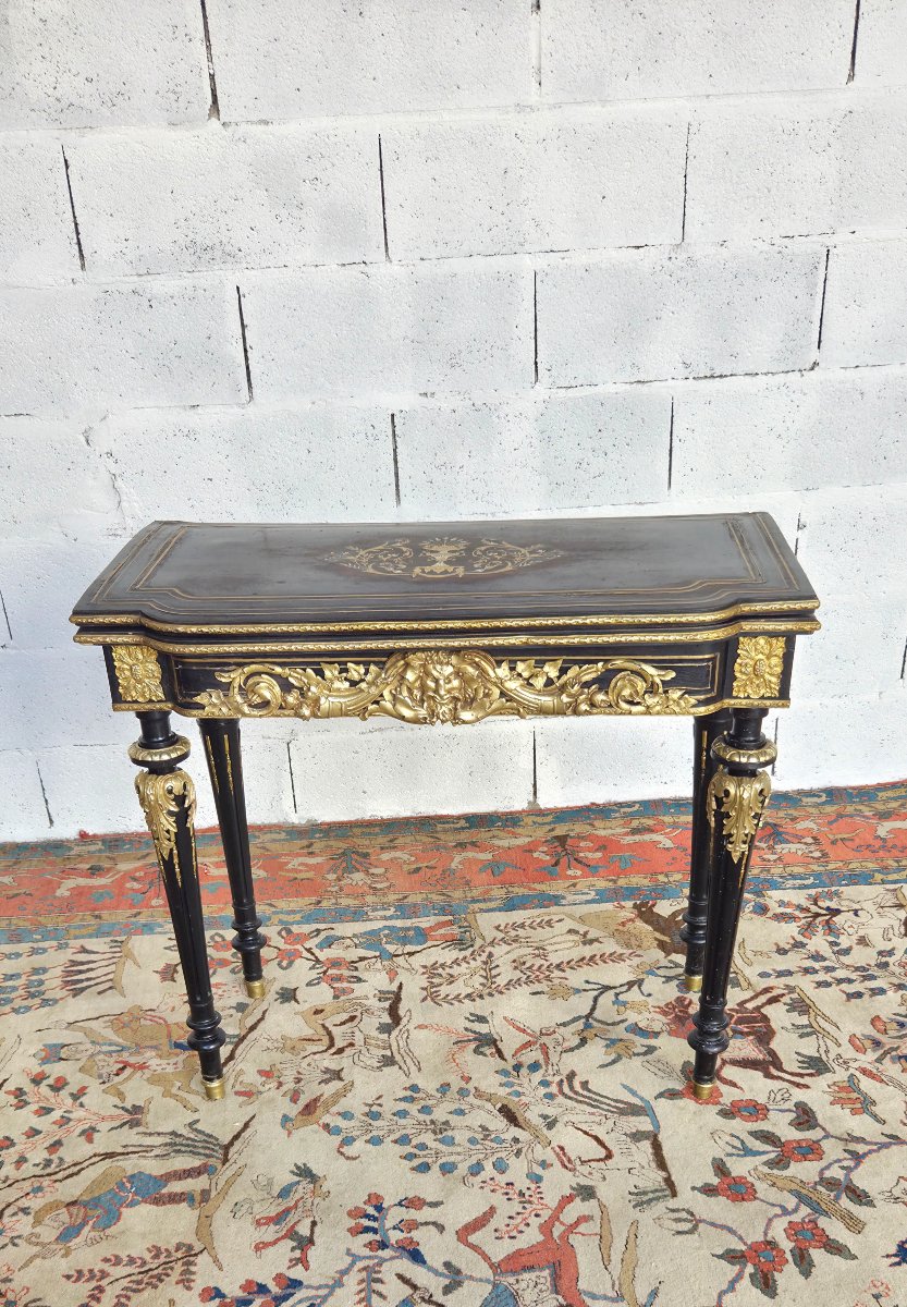 Table à jeux Napoléon III en bois noirci, incrustations de laiton et bronzes dorés, XIXème -photo-7