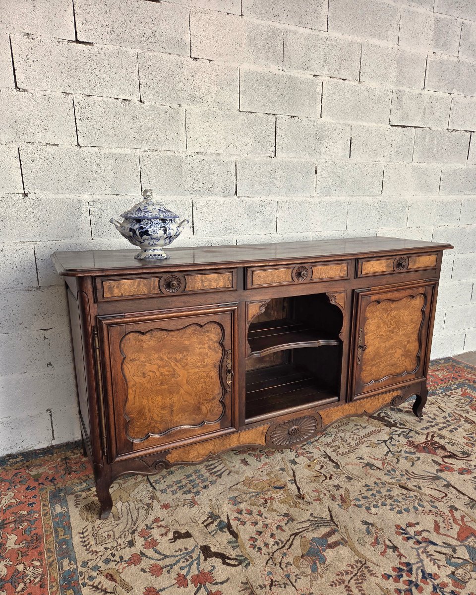 Buffet bas en chêne et Loupe d’Orme. Style Louis XV, d'époque fin XIXe Siècle-photo-4
