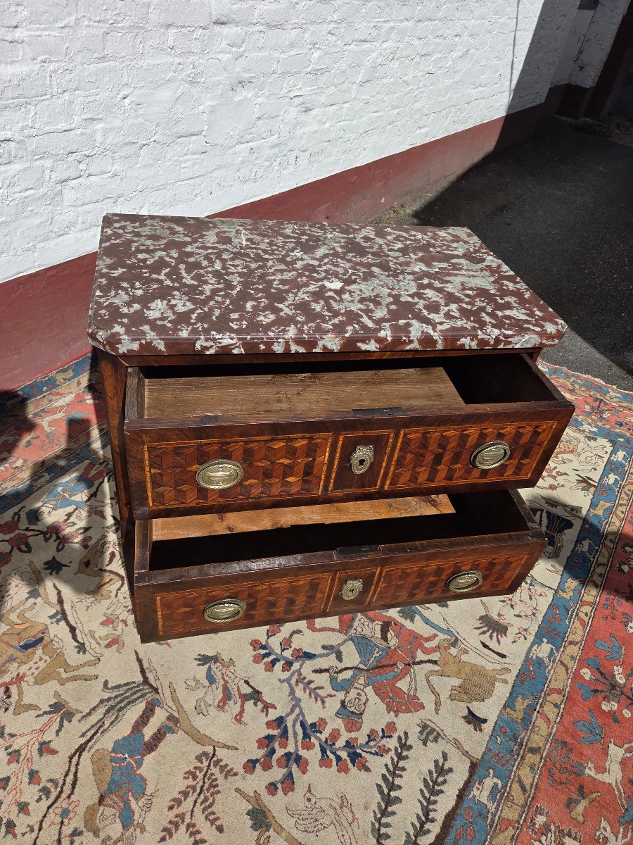 Commode sauteuse Louis XVI en marqueterie de cubes. D'époque XVIIIe Siècle-photo-6