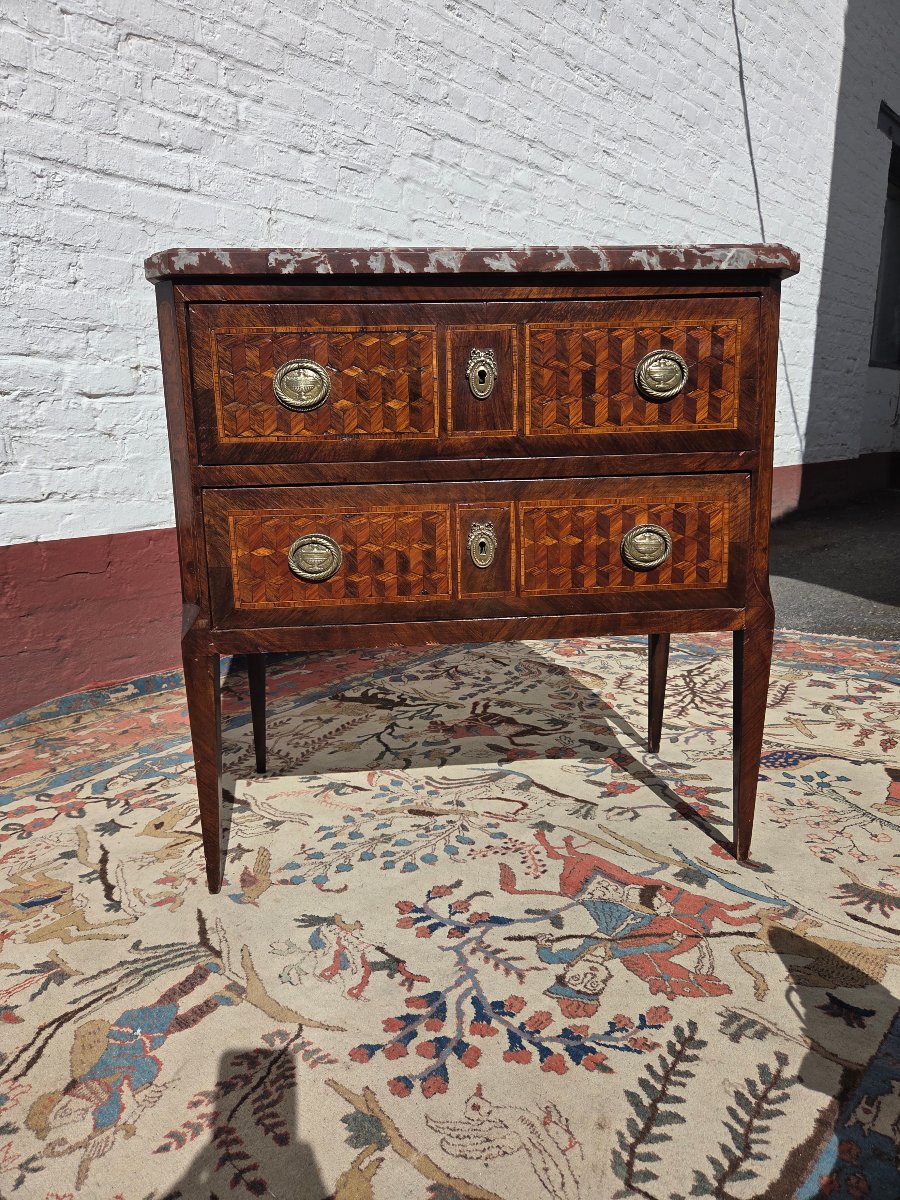 Commode sauteuse Louis XVI en marqueterie de cubes. D'époque XVIIIe Siècle-photo-7