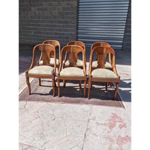 Ensemble de six chaises gondole en acajou blond satiné, Empire d'époque fin XIXème 