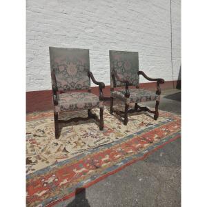 Pair Of Carved Natural Wood Armchairs, Louis XIV, XIXᵉ Century Period.