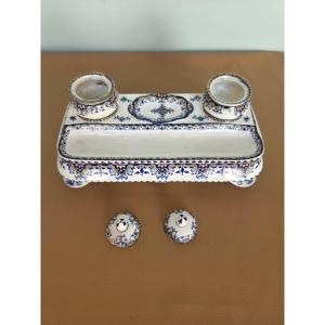 Polychrome Rouen Earthenware Inkwell 19th Century