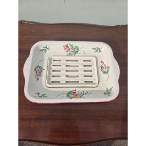 Porte-savon ancien en faïence de Lunéville K&G , Décor floral – Vers 1920-1940