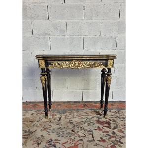 Napoleon III-style Game Table In Blackened Wood, With Brass Inlays And Gilded Bronze Accents, 19th Century