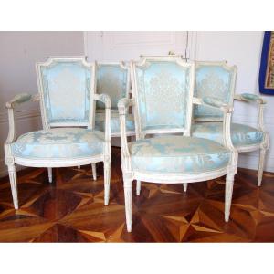 Set Of 4 Louis XVI Lacquered Cabriolet Armchairs Stamped Claude Lerat - 18th Century