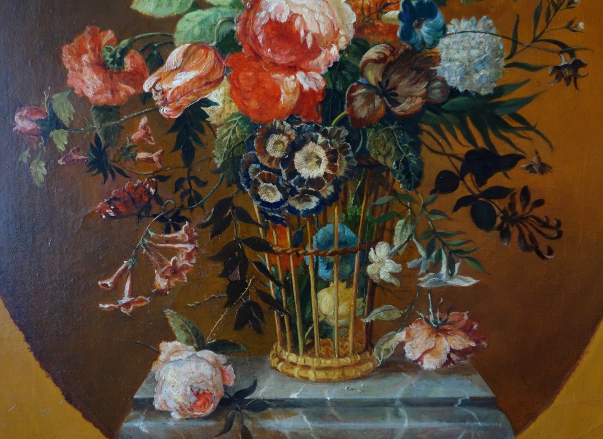 19th Century French School : Flowers In A Panier Circa 1800 - 69cm X 63cm-photo-3