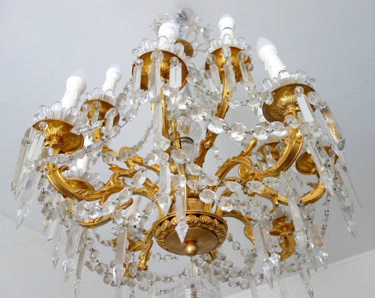 Baccarat - Chandelier 10 Lights In Chased Bronze And Gilded With Fine Gold - Late 19th Century-photo-4