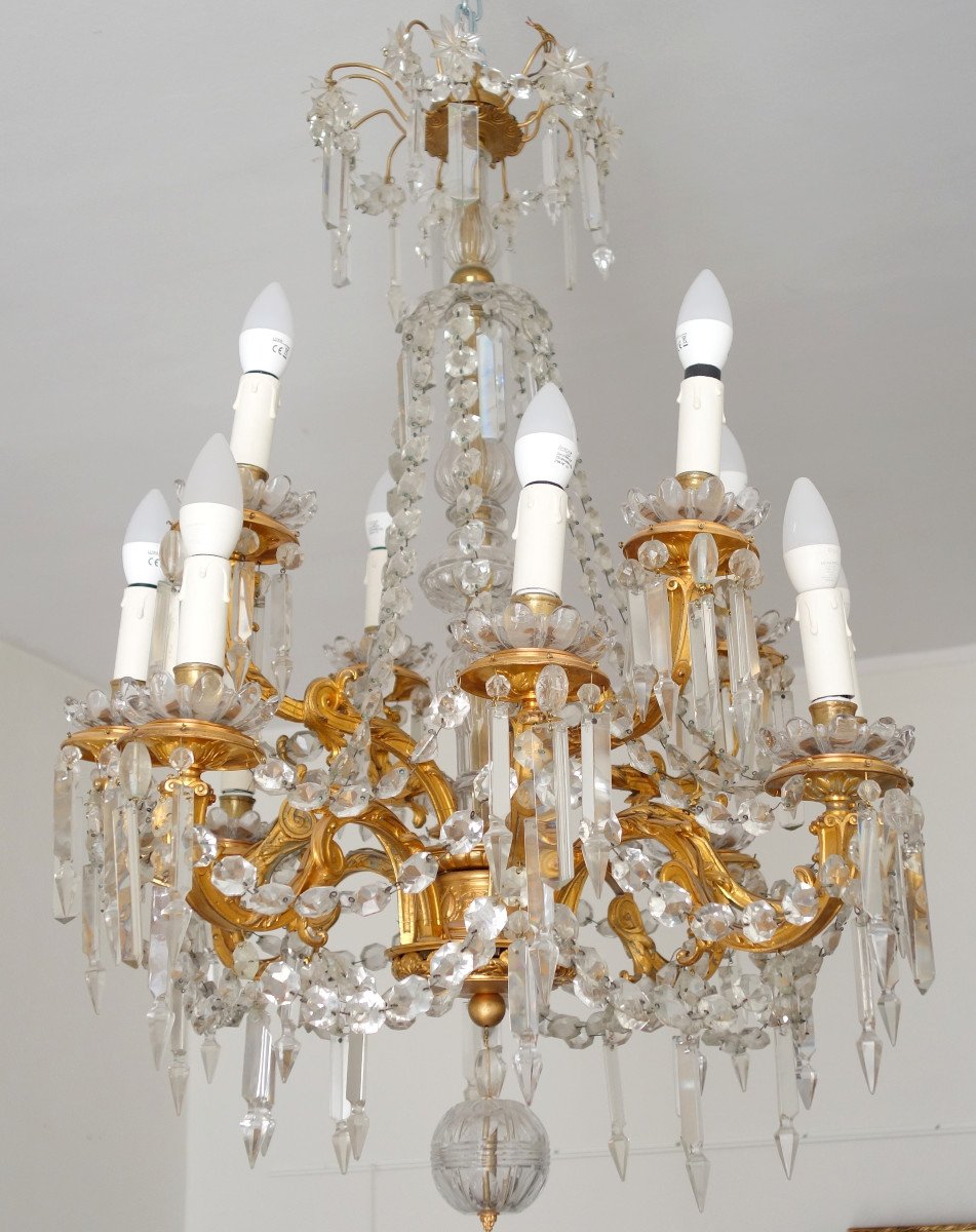 Baccarat - Chandelier 10 Lights In Chased Bronze And Gilded With Fine Gold - Late 19th Century