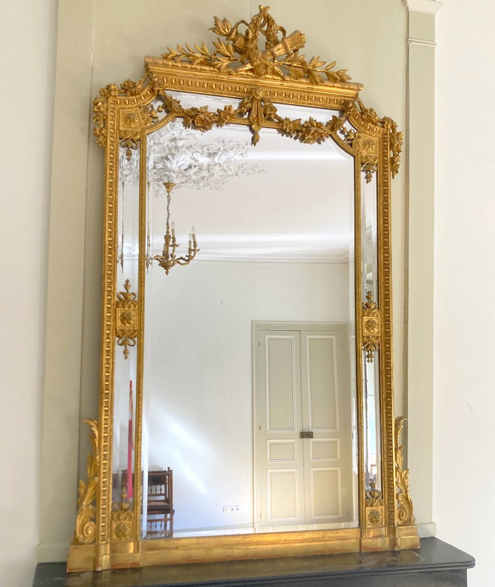 Grand Miroir De Cheminée Bois Doré Style Louis XVI, Glace Mercure à Parecloses - 216cm X 142cm-photo-3