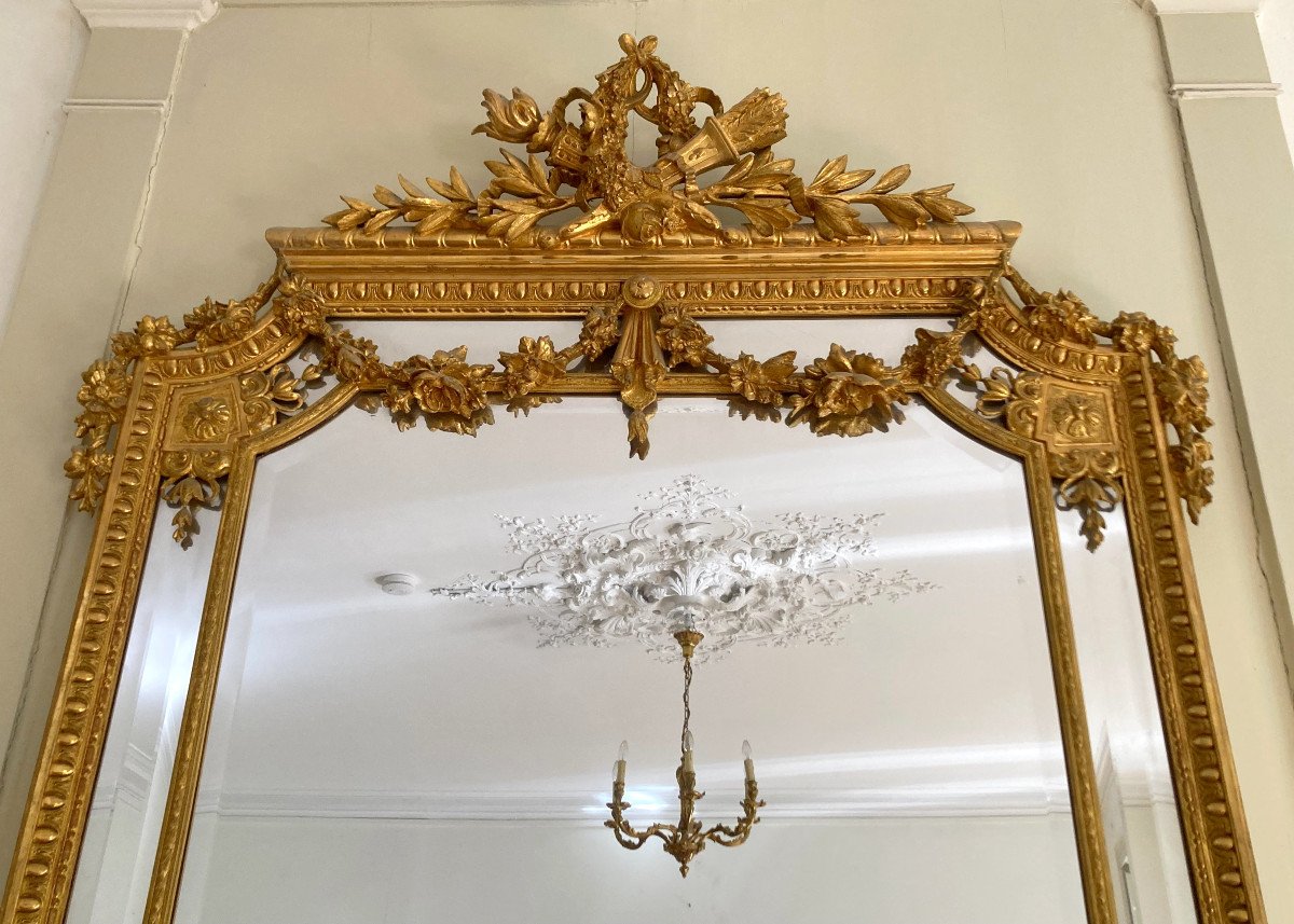 Grand Miroir De Cheminée Bois Doré Style Louis XVI, Glace Mercure à Parecloses - 216cm X 142cm-photo-1