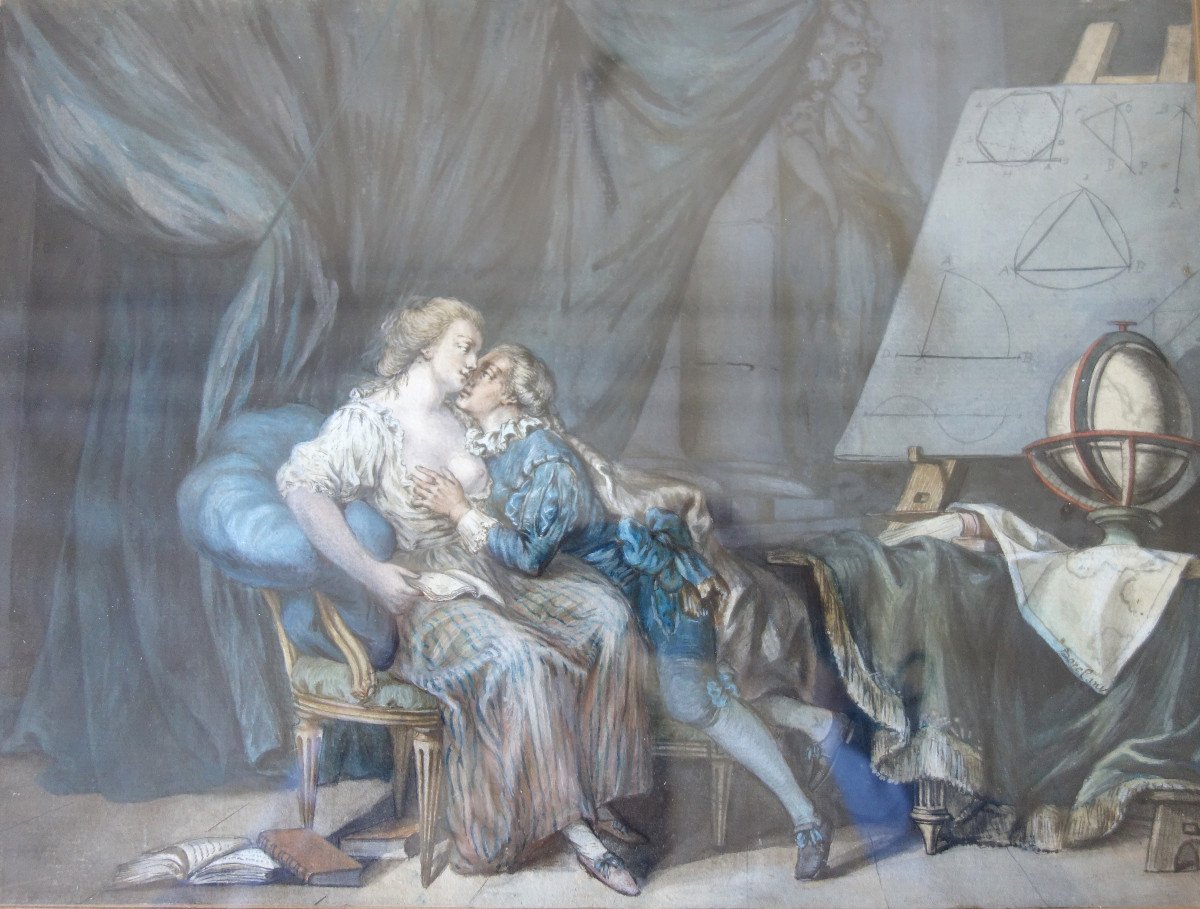  Antoine Borel - La Leçon De Géometrie - dessin à l'Aquarelle Et Gouache époque Louis XVI - 18e-photo-4