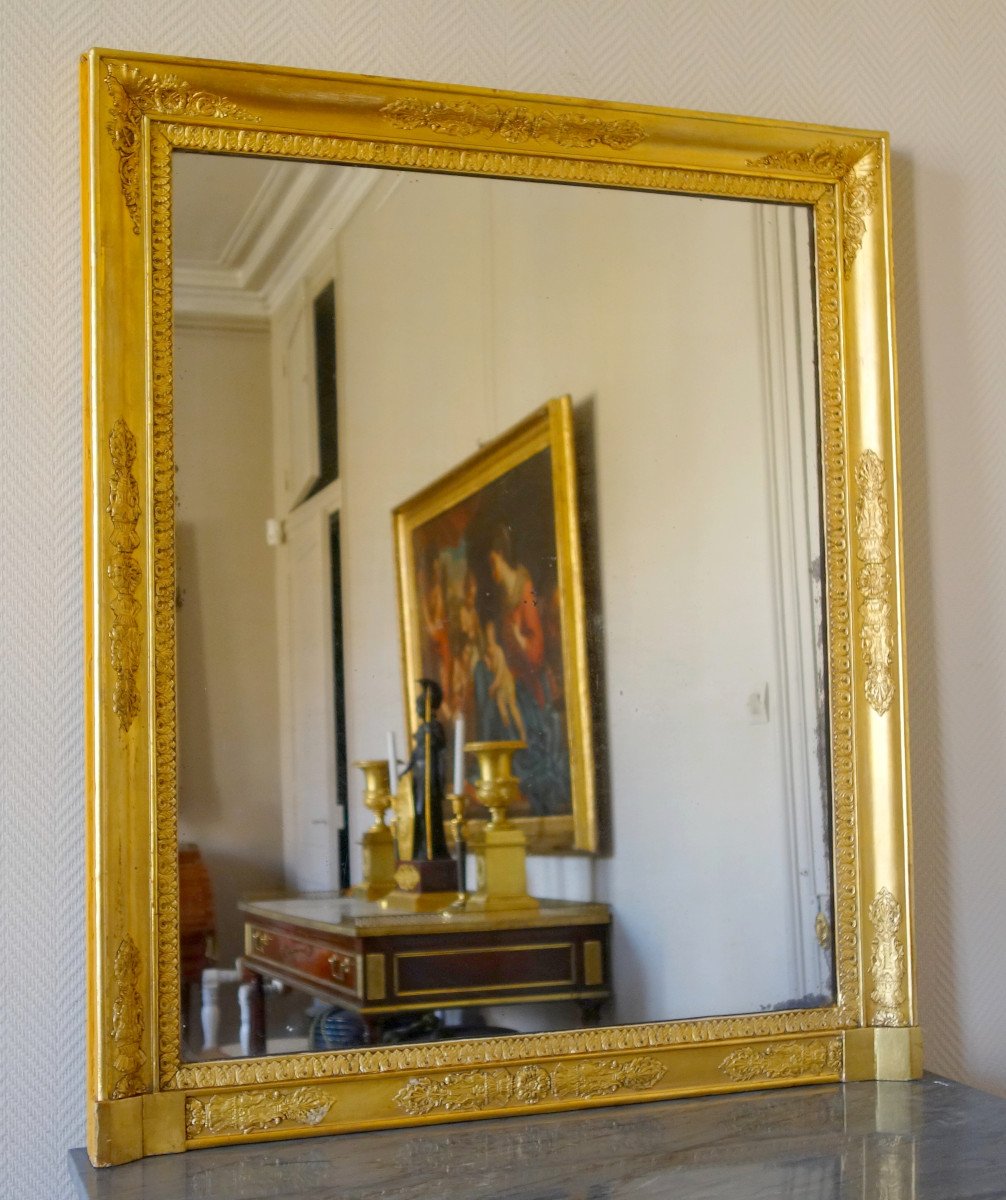 Miroir De Cheminée d'époque Empire Restauration En Bois Doré à Glace Au Mercure, 85,5cm X 102cm-photo-2