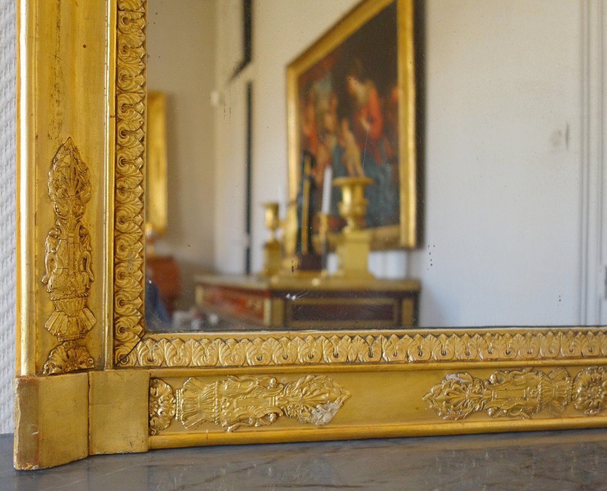 Miroir De Cheminée d'époque Empire Restauration En Bois Doré à Glace Au Mercure, 85,5cm X 102cm-photo-4