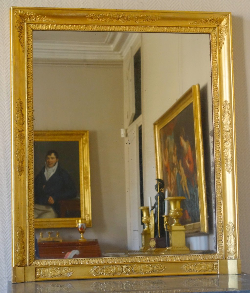 Miroir De Cheminée d'époque Empire Restauration En Bois Doré à Glace Au Mercure, 85,5cm X 102cm