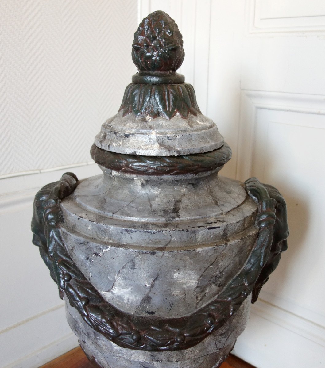 Large Covered Urn, Louis XVI Style Ornamental Vase - Patinated Marble-style Cast Iron - 79cm-photo-1