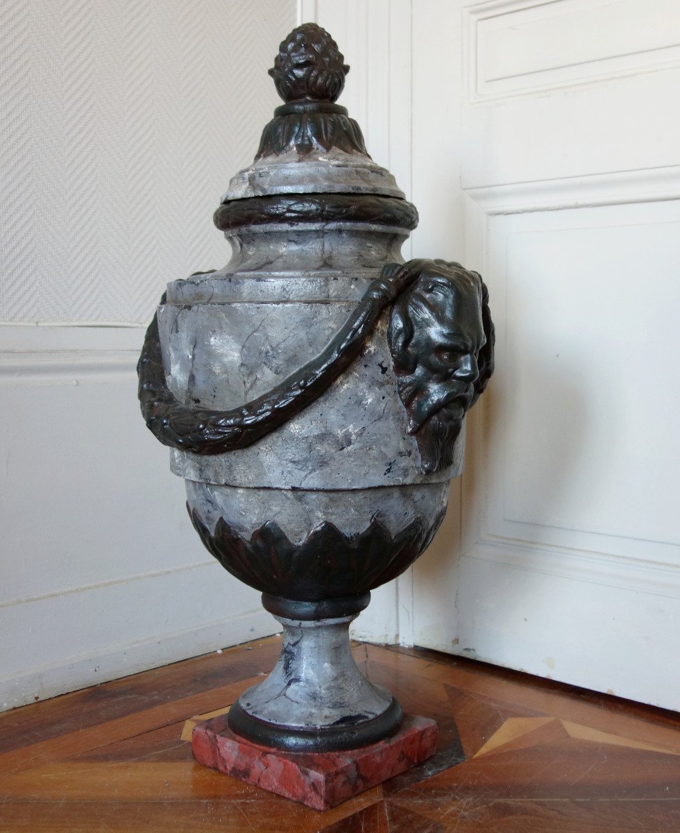Grande Urne Couverte, vase d'ornement De Style Louis XVI - Fonte Patinée Façon Marbre - 79cm-photo-3