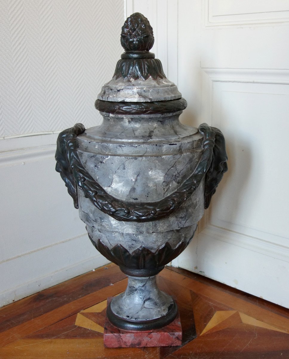 Grande Urne Couverte, vase d'ornement De Style Louis XVI - Fonte Patinée Façon Marbre - 79cm-photo-4