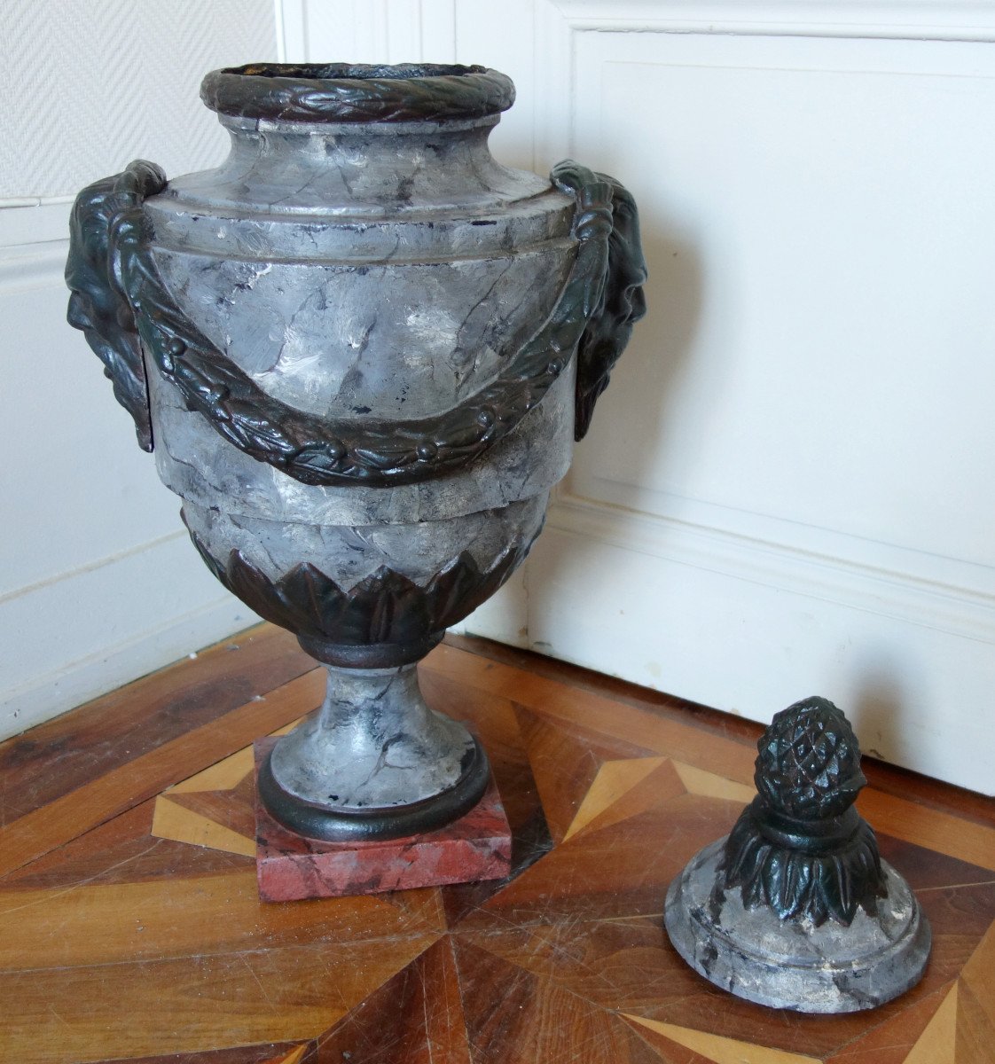 Grande Urne Couverte, vase d'ornement De Style Louis XVI - Fonte Patinée Façon Marbre - 79cm-photo-5