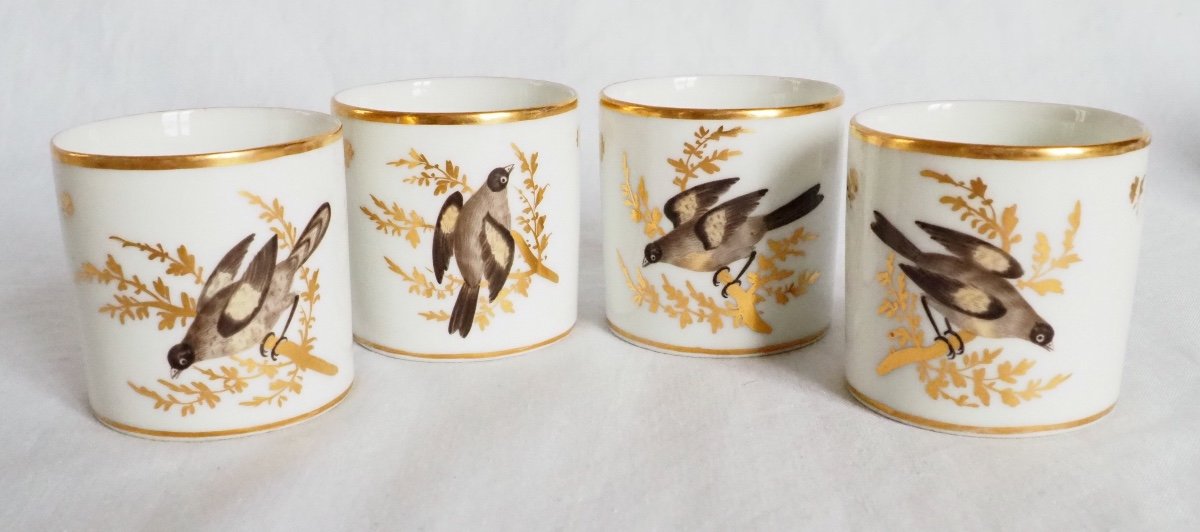 Brussels Porcelain Coffee Set : 8 Coffee Cups, Fine Gold And Polychromatic Birds Circa 1800-photo-6