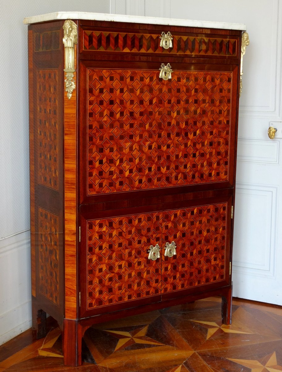 C Krier - Secretary With Rich Polychrome Marquetry, Louis XVI Period - Stamped