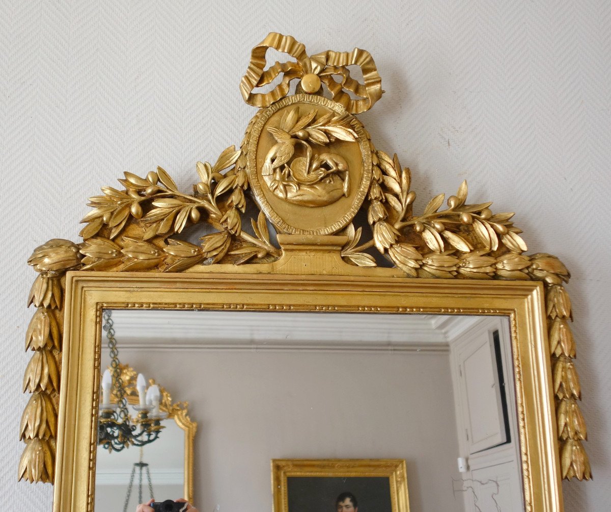 Grand Miroir Aux Fables De La Fontaine : Le Renard & La Cigogne - Bois Doré d'époque Louis XVI-photo-1