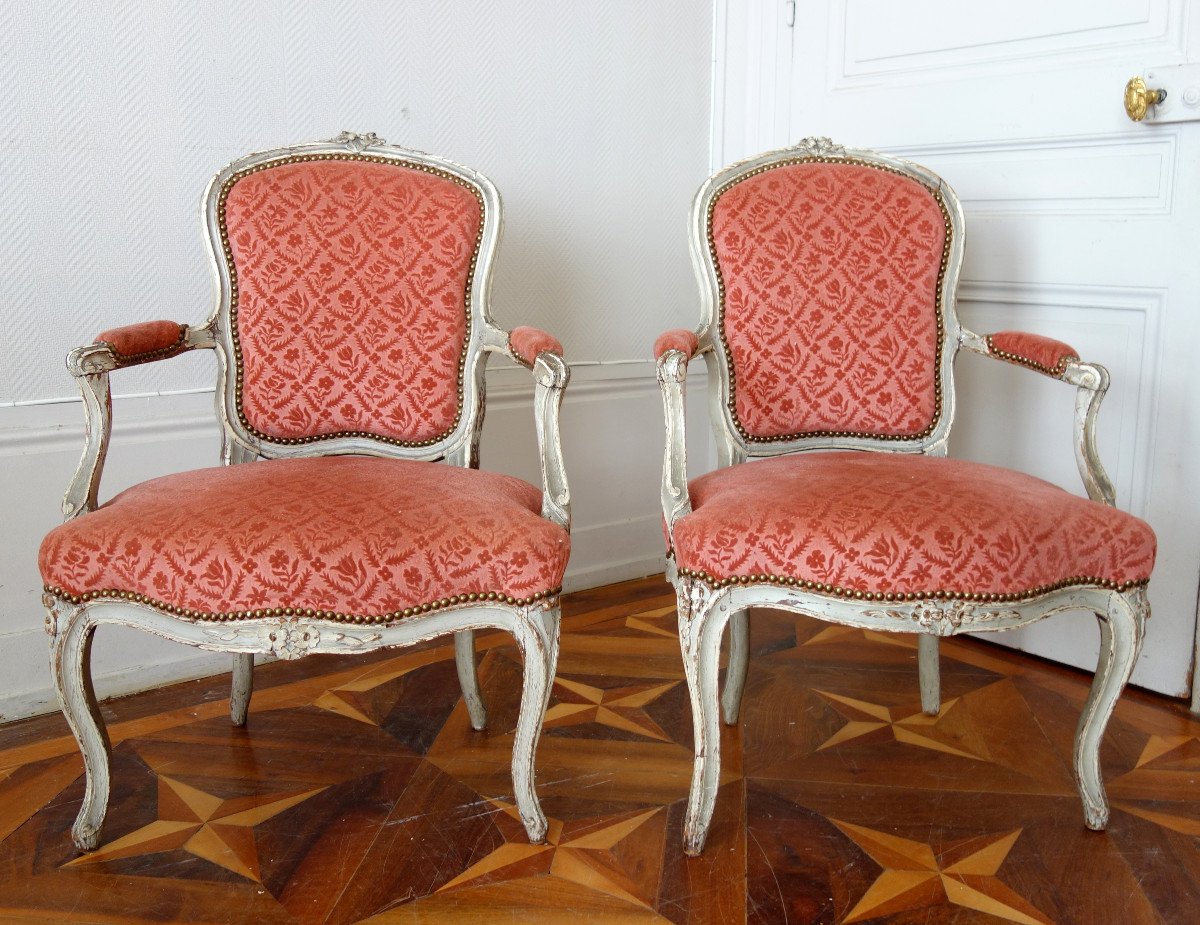 Paire De Fauteuils Cabriolets d'époque Louis XV En Velours Frappé - 18e Siècle-photo-2