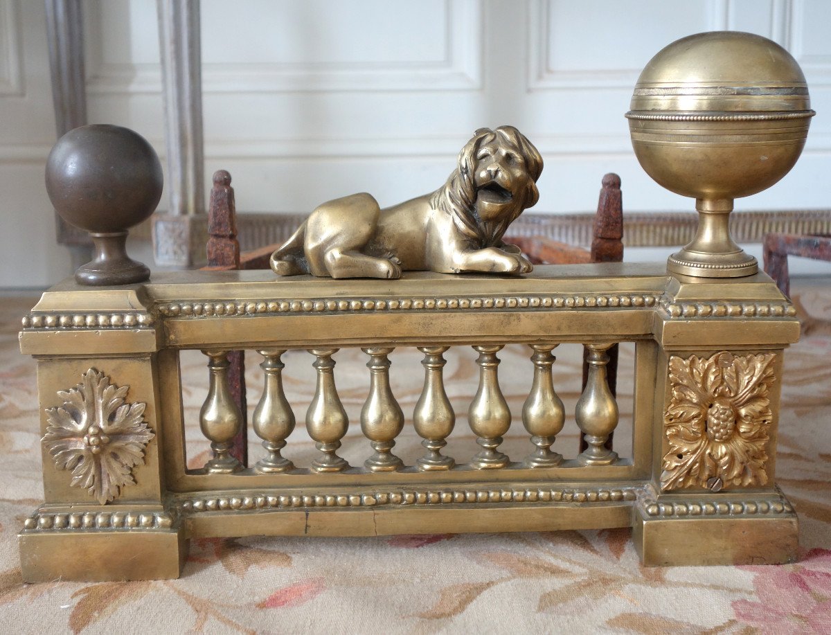 Paire De Grands Chenêts De Château En Bronze Ciselé d'époque Louis XVI - Modèle Aux Lions-photo-4