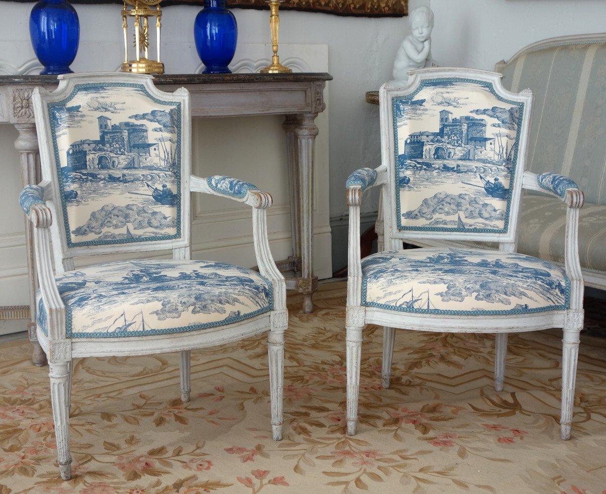 Mobilier De Salon d'époque Louis XVI, 2 Fauteuils & 2 Chaises Toile De Jouy Guéthary - Guetaria-photo-2