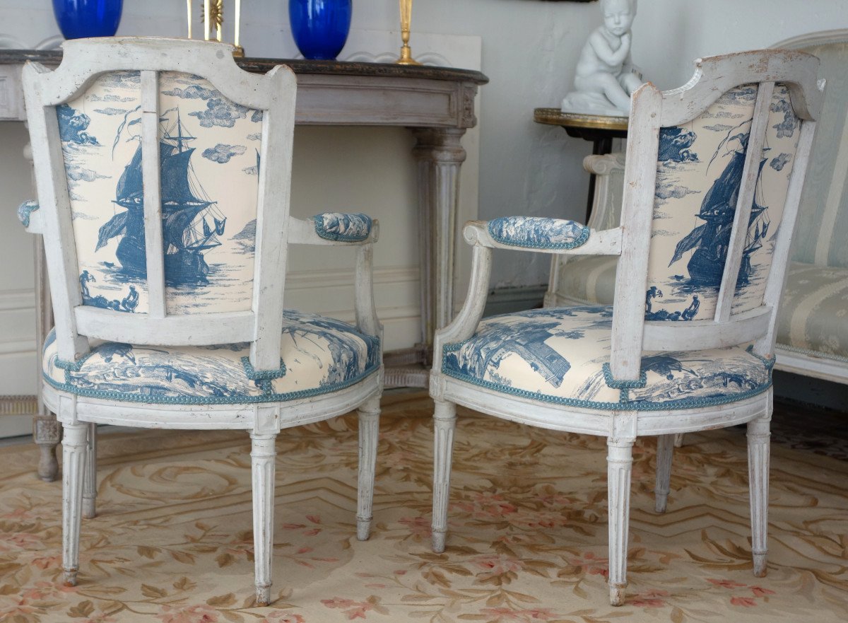 Mobilier De Salon d'époque Louis XVI, 2 Fauteuils & 2 Chaises Toile De Jouy Guéthary - Guetaria-photo-3