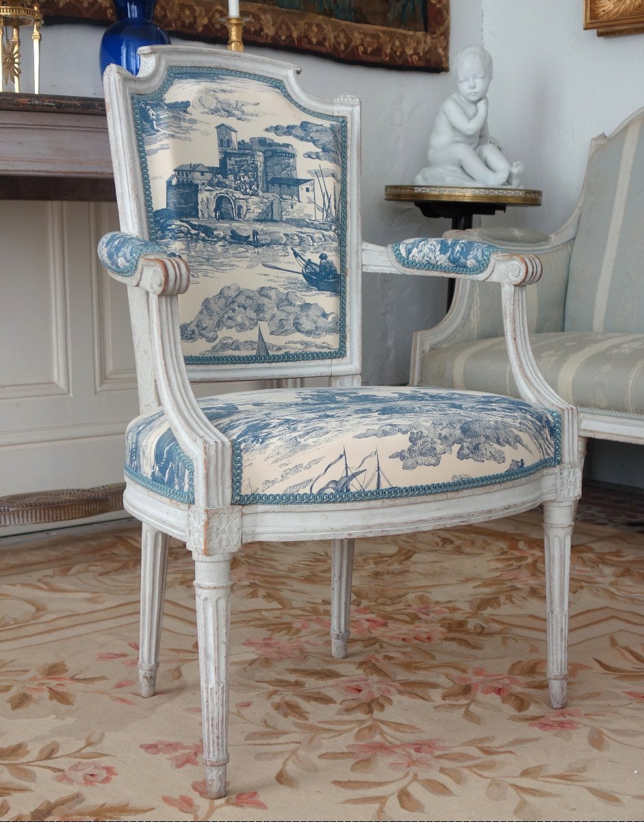 Mobilier De Salon d'époque Louis XVI, 2 Fauteuils & 2 Chaises Toile De Jouy Guéthary - Guetaria-photo-4