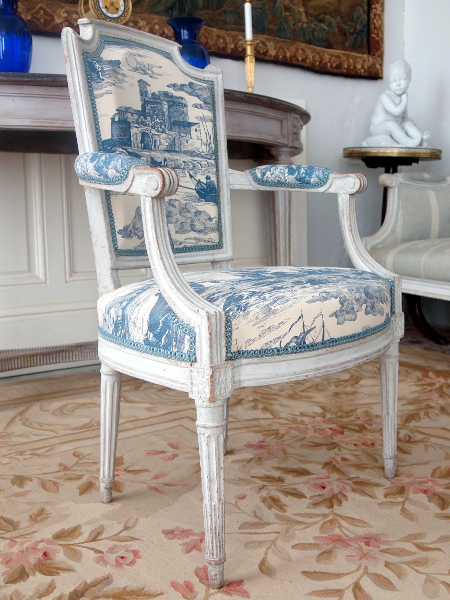 Louis XVI Period Living Room Furniture, 2 Armchairs & 2 Toile De Jouy Chairs Guéthary - Guetaria-photo-1