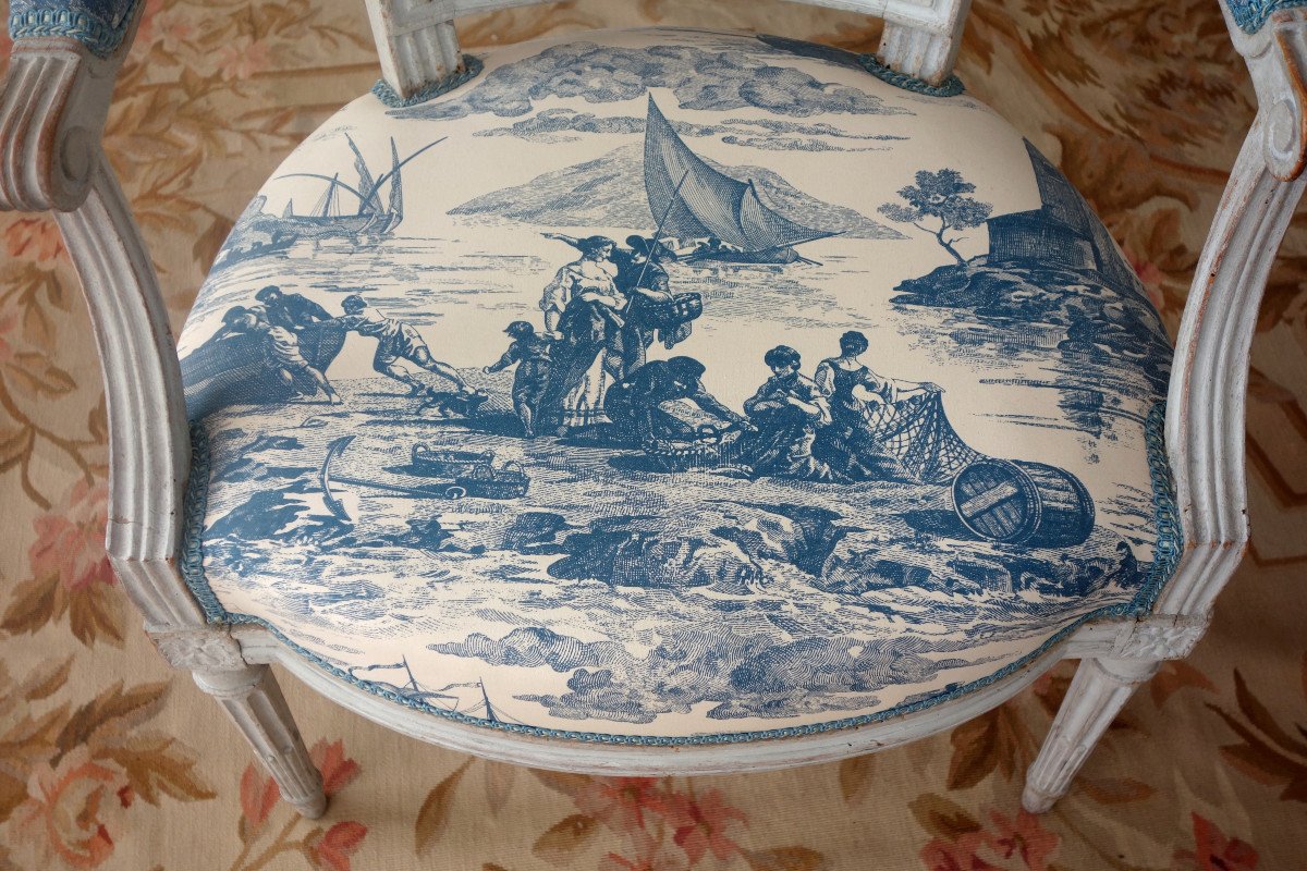 Mobilier De Salon d'époque Louis XVI, 2 Fauteuils & 2 Chaises Toile De Jouy Guéthary - Guetaria-photo-2