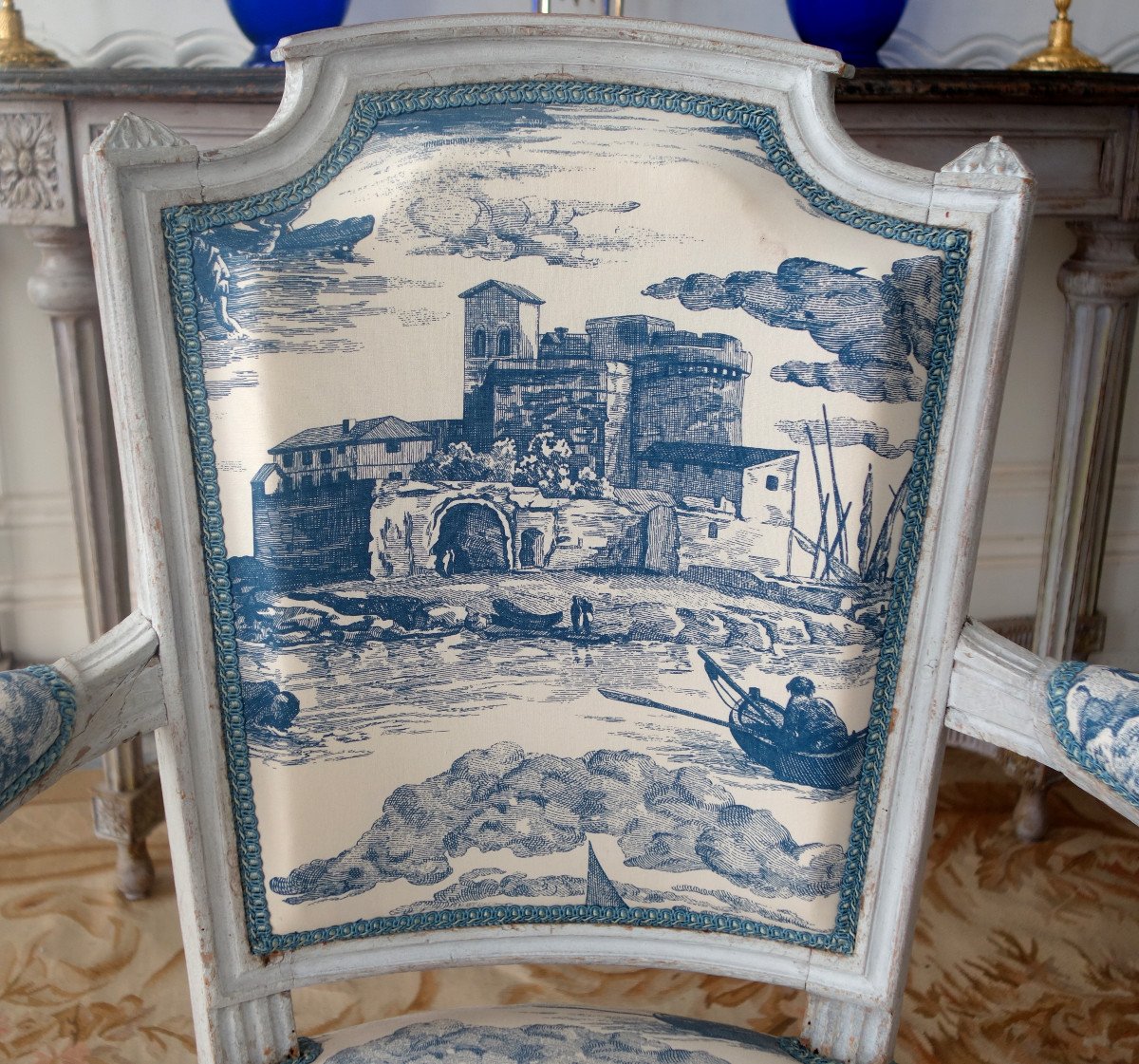 Mobilier De Salon d'époque Louis XVI, 2 Fauteuils & 2 Chaises Toile De Jouy Guéthary - Guetaria-photo-3