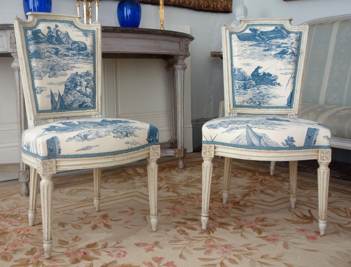 Mobilier De Salon d'époque Louis XVI, 2 Fauteuils & 2 Chaises Toile De Jouy Guéthary - Guetaria-photo-4