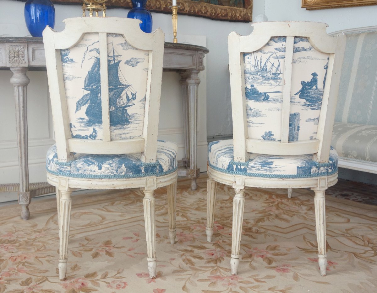 Louis XVI Period Living Room Furniture, 2 Armchairs & 2 Toile De Jouy Chairs Guéthary - Guetaria-photo-5