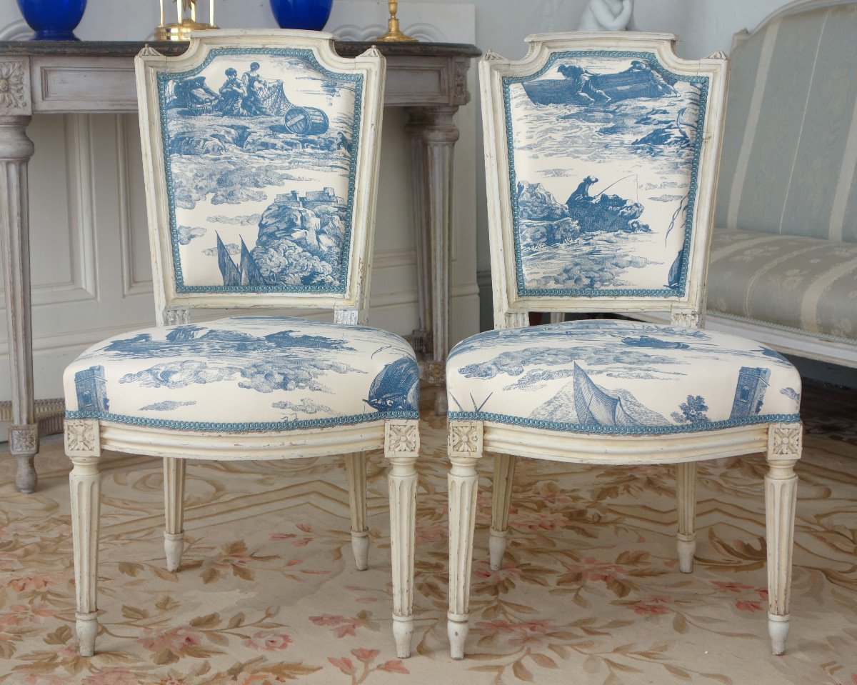 Louis XVI Period Living Room Furniture, 2 Armchairs & 2 Toile De Jouy Chairs Guéthary - Guetaria-photo-6
