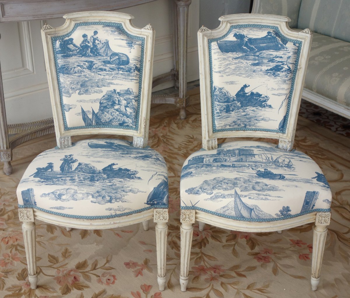 Louis XVI Period Living Room Furniture, 2 Armchairs & 2 Toile De Jouy Chairs Guéthary - Guetaria-photo-7
