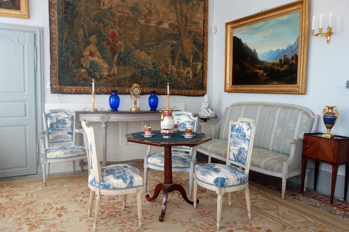 Mobilier De Salon d'époque Louis XVI, 2 Fauteuils & 2 Chaises Toile De Jouy Guéthary - Guetaria-photo-8