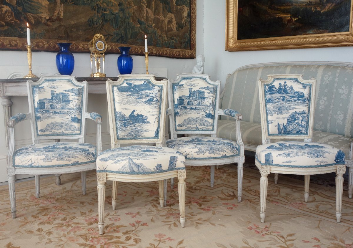Louis XVI Period Living Room Furniture, 2 Armchairs & 2 Toile De Jouy Chairs Guéthary - Guetaria