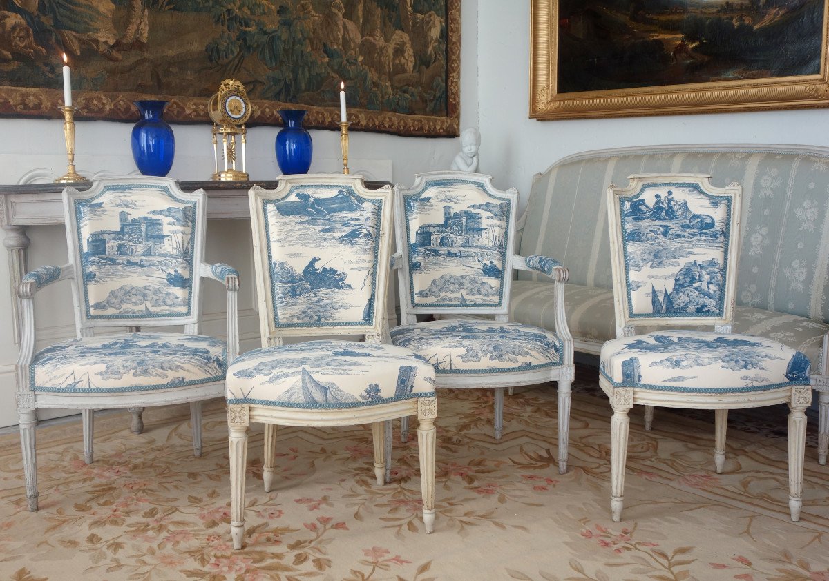 Mobilier De Salon d'époque Louis XVI, 2 Fauteuils & 2 Chaises Toile De Jouy Guéthary - Guetaria