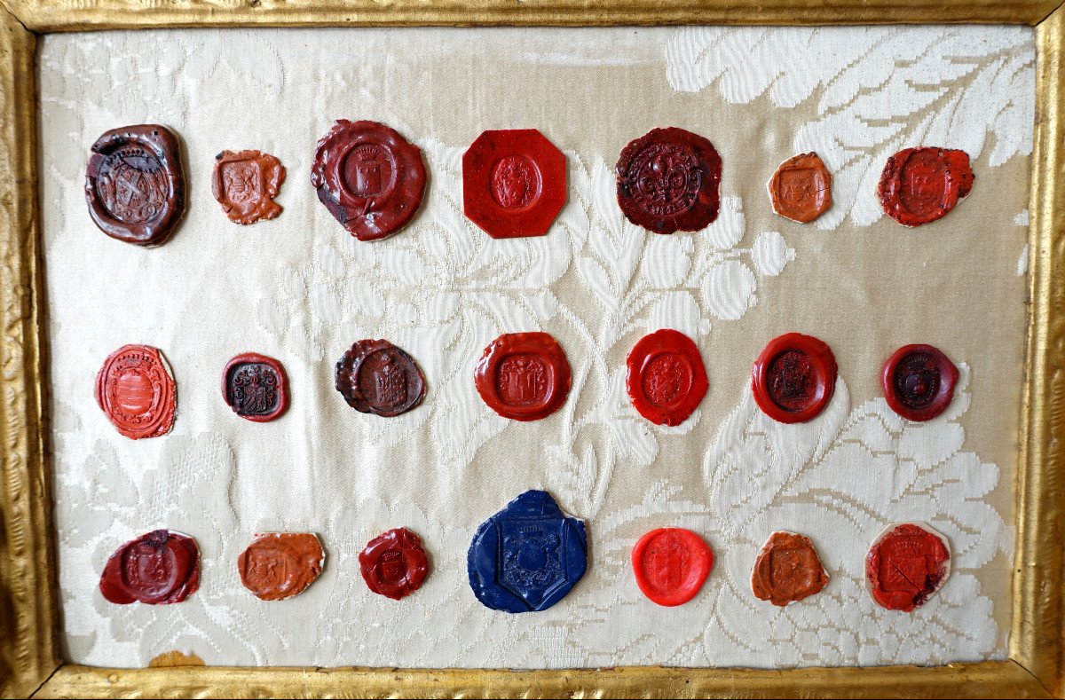 Collection Of Ancient Coat Of Arms Stamps Presented In 2 Louis XIV Period Frames - Heraldry-photo-1